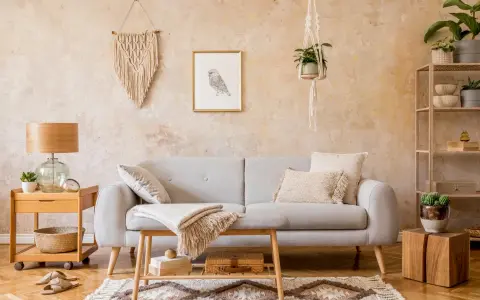 Przytulny salon w stylu boho: szara kanapa, makrama na ścianie, drewniane meble i rośliny tworzą relaksującą atmosferę.