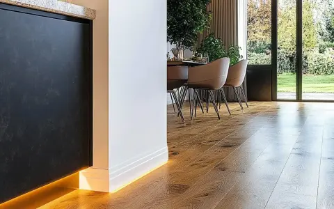 Nowoczesne wnętrze z drewnianą podłogą i subtelnym oświetleniem LED. Eleganckie rozwiązanie co zamiast listew przypodłogowych.