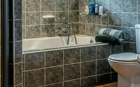 Łazienka z wanną i toaletą, ściany wyłożone ciemnymi, marmurkowymi kaflami. Planowanie malowania kafelek w łazience.