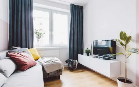 Przytulny salon w bloku z elementami feng shui: sofa z poduszkami, telewizor, roślina i zasłony tworzą harmonię.