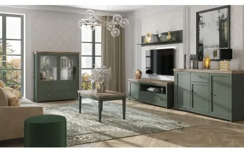 Elegancki salon z meblami w kolorze khaki. Jaki kolor pasuje do khaki? Zobacz, jak pięknie komponuje się z beżami i złotem.