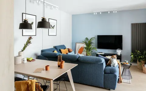 Salon w stylu minimalistycznym: niebieska kanapa, drewniany stół, czarne lampy i kot na kanapie.