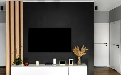 Nowoczesny salon z czarną ścianą, na której wisi telewizor. Obok drewniana ażurowa ścianka i biała szafka RTV.