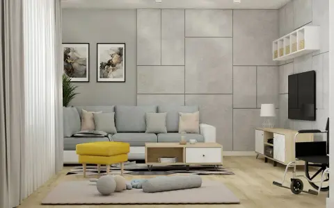 Jak ożywić szary salon? Dodaj żółty fotel i kolorowe obrazy. Wygodna sofa i dywanik tworzą przytulną przestrzeń.