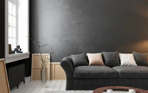 Nowoczesny salon z wygodną kanapą i **czarnymi ścianami**, które nadają mu elegancji. W tle widać okno i dzieła sztuki.