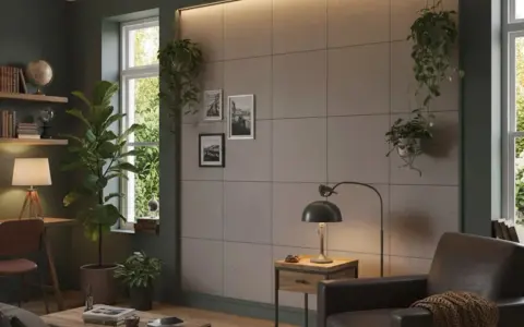 Nowoczesny salon z betonową ścianą, wiszącymi roślinami i wygodnym fotelem.