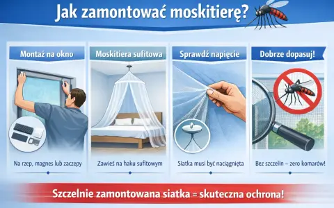Instrukcja montażu moskitiery okiennej: na rzep, magnes lub zaczepy. Zawieś moskitierę sufitową na haku. Siatka musi być naciągnięta. Bez szczelin, zero komarów!