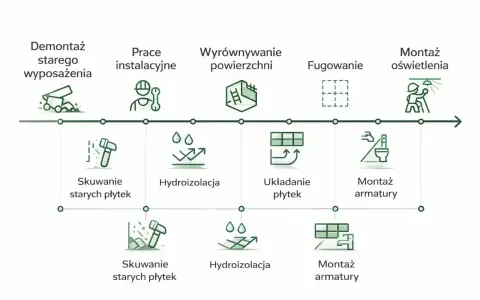 Etapy remontu starego domu: demontaż, instalacje, wyrównanie, fugowanie, montaż armatury i oświetlenia.