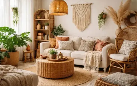 Przytulny salon w stylu boho. Dominują naturalne materiały i ciepłe kolory boho, takie jak rattan, juta i len. Dużo roślinności i makramy.