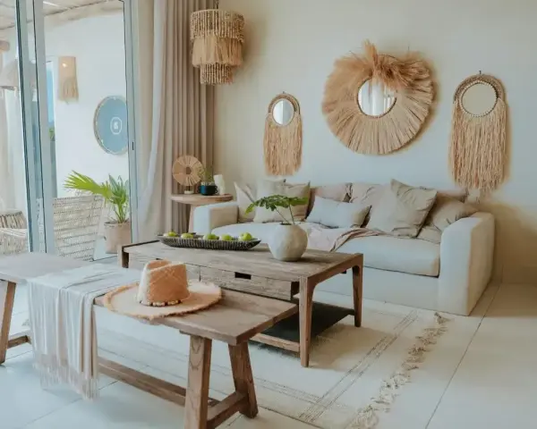 Przytulny salon w stylu bohema. Jasna sofa, drewniane meble, plecione dekoracje i słomkowy kapelusz tworzą relaksującą atmosferę.