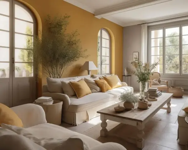 Jasny salon w stylu prowansalskim z żółtymi akcentami, dużymi oknami i drewnianymi meblami.