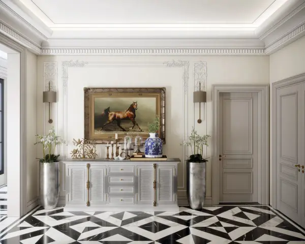 Elegancki hol z obrazem konia, geometryczną podłogą i sztukateriami. Styl art deco cechy widoczne w symetrii i luksusowych materiałach.