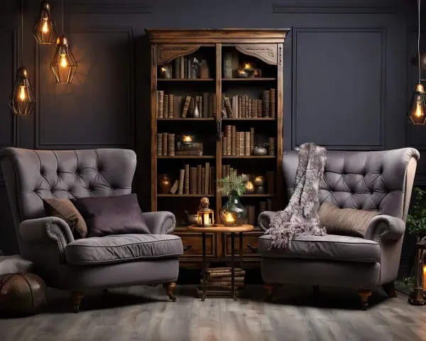 Przytulny salon z dwoma fotelami, regałem pełnym książek i klimatycznymi lampami. To właśnie steampunk co to – połączenie retro i fantastyki.