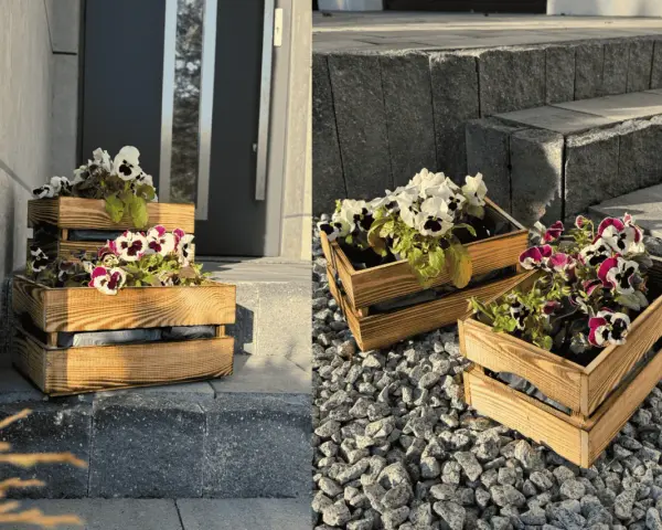Jak zrobić flower box? Drewniane skrzynki z bratkami zdobią wejście do domu.