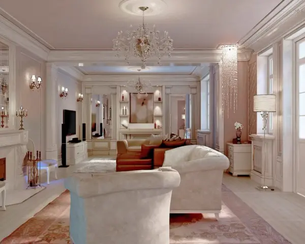 Elegancki salon w stylu francuskim z kryształowymi żyrandolami, kominkiem i wygodnymi sofami.