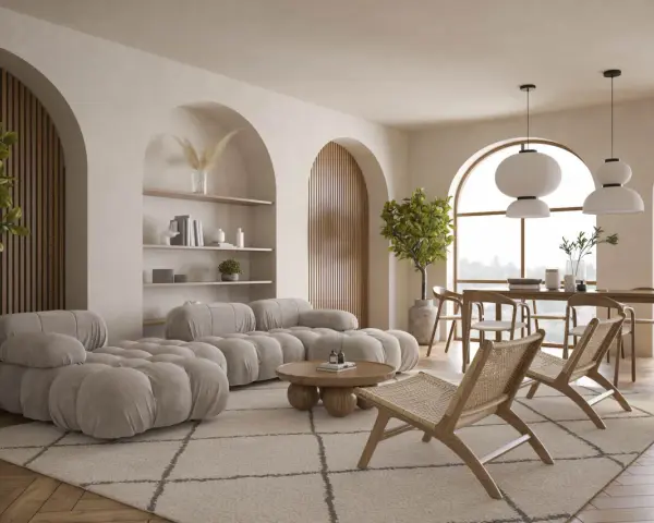 Miękka sofa i fotele w salonie o alabastrowym kolorze, z drewnianymi elementami i roślinnością.