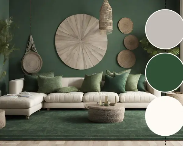 Nowoczesny zielony salon aranżacje: kremowa sofa, dywan w odcieniu lasu, plecione dekoracje ścienne i naturalne materiały tworzą przytulną atmosferę.
