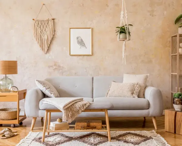 Przytulny salon w stylu boho: szara kanapa, makrama na ścianie, drewniane meble i rośliny tworzą relaksującą atmosferę.