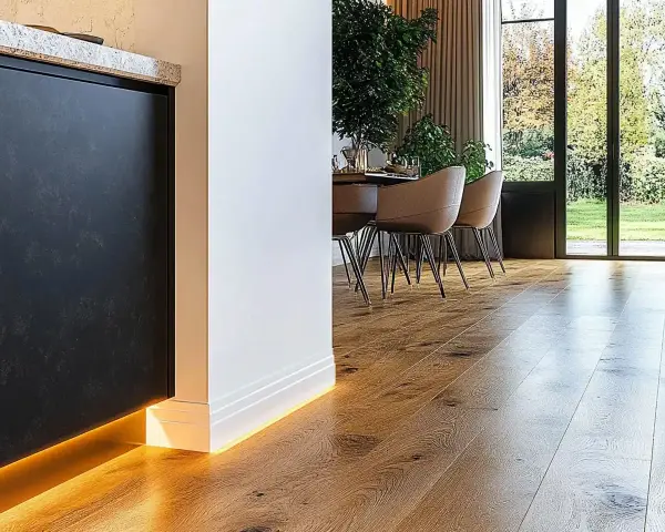 Nowoczesne wnętrze z drewnianą podłogą i subtelnym oświetleniem LED. Eleganckie rozwiązanie co zamiast listew przypodłogowych.