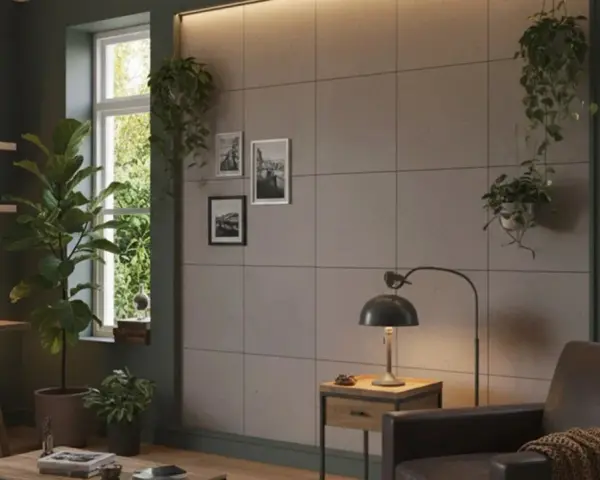 Nowoczesny salon z betonową ścianą, wiszącymi roślinami i wygodnym fotelem.
