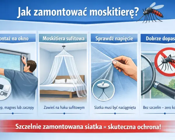 Instrukcja montażu moskitiery okiennej: na rzep, magnes lub zaczepy. Zawieś moskitierę sufitową na haku. Siatka musi być naciągnięta. Bez szczelin, zero komarów!