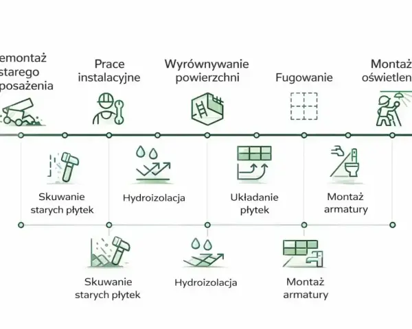 Etapy remontu starego domu: demontaż, instalacje, wyrównanie, fugowanie, montaż armatury i oświetlenia.