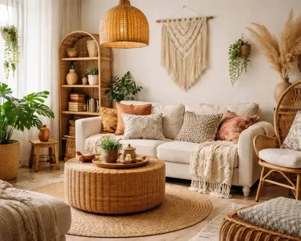 Przytulny salon w stylu boho. Dominują naturalne materiały i ciepłe kolory boho, takie jak rattan, juta i len. Dużo roślinności i makramy.