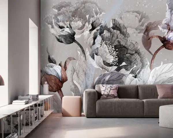 Eleganckie wzory na ścianie w postaci monochromatycznych, rozmytych kwiatów tworzą artystyczną atmosferę w nowoczesnym salonie.