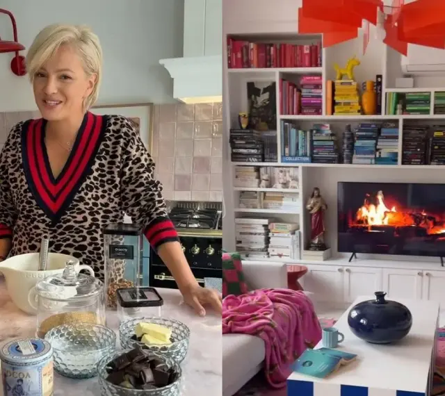 Dorota Szelągowska w kuchni, obok składniki na ciasto. Po prawej salon z kominkiem na ekranie, inspiracja na aranżacja salonu.
