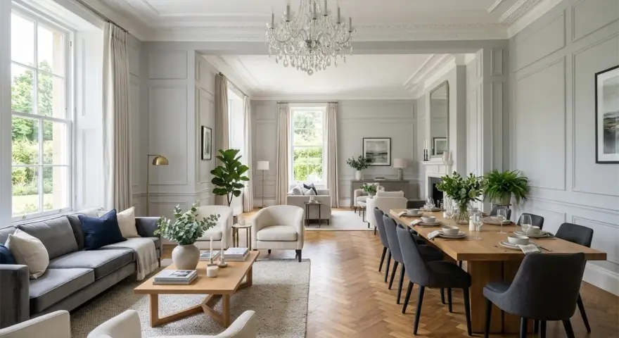 Elegancki salon w stylu angielskim, z szarą sofą, drewnianym stołem i kryształowym żyrandolem. Inspiracje dla Twojego domu.