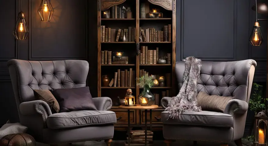 Przytulny salon z dwoma fotelami, regałem pełnym książek i klimatycznymi lampami. To właśnie steampunk co to – połączenie retro i fantastyki.