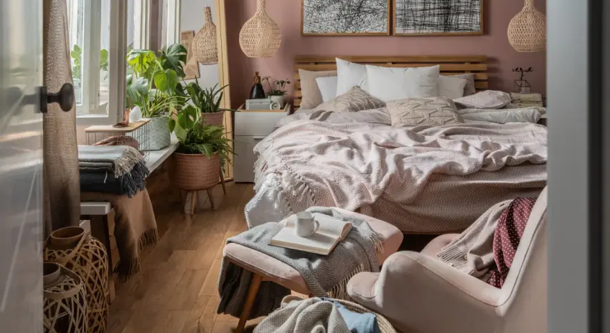 Przytulna sypialnia w stylu boho z dużą ilością roślin, plecionymi lampami i miękkimi tekstyliami.