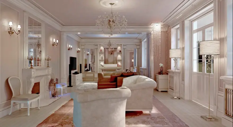 Elegancki salon w stylu francuskim z kryształowymi żyrandolami, kominkiem i wygodnymi sofami.