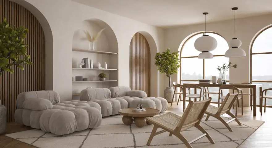 Miękka sofa i fotele w salonie o alabastrowym kolorze, z drewnianymi elementami i roślinnością.