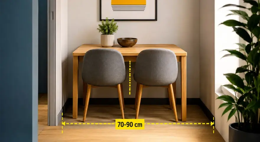 Jak ustawić stół w salonie: zachowaj 70-90 cm wolnej przestrzeni wokół krzeseł, by swobodnie się poruszać.