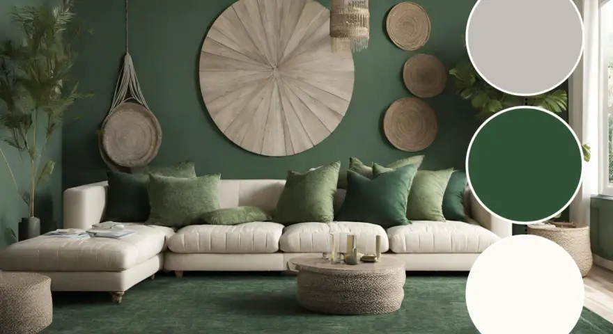 Nowoczesny zielony salon aranżacje: kremowa sofa, dywan w odcieniu lasu, plecione dekoracje ścienne i naturalne materiały tworzą przytulną atmosferę.