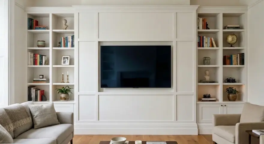 Eleganckie wnętrze w stylu angielskim z wbudowanymi białymi regałami pełnymi książek i dekoracji, centralnie umieszczonym telewizorem i wygodnymi sofami.