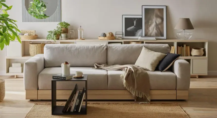 Jak ożywić beżowy salon? Dodaj rośliny, kosze i tekstylia. Jasna kanapa, stolik z książkami i lampa tworzą przytulną atmosferę.