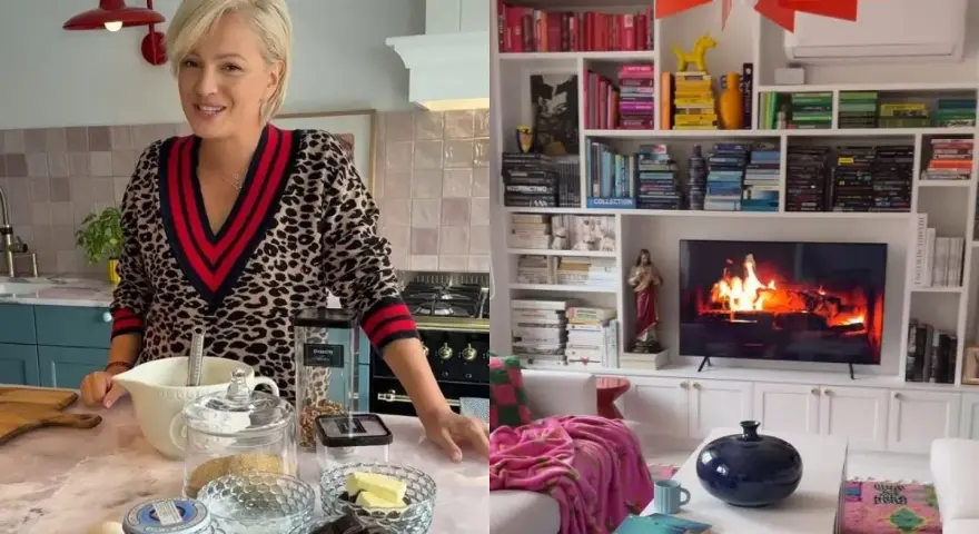 Dorota Szelągowska w kuchni, obok składniki na ciasto. Po prawej salon z kominkiem na ekranie, inspiracja na aranżacja salonu.