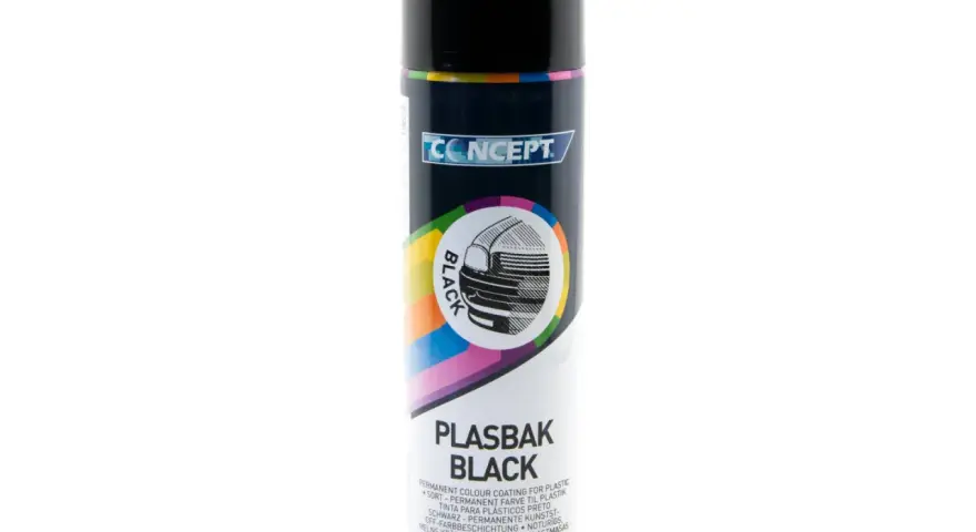 Czarna farba w sprayu Concept Plasbak Black – trwała powłoka do plastiku na zewnątrz.
