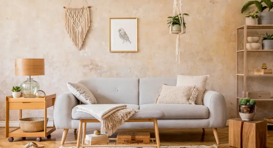 Przytulny salon w stylu boho: szara kanapa, makrama na ścianie, drewniane meble i rośliny tworzą relaksującą atmosferę.