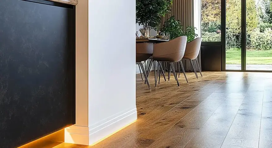 Nowoczesne wnętrze z drewnianą podłogą i subtelnym oświetleniem LED. Eleganckie rozwiązanie co zamiast listew przypodłogowych.