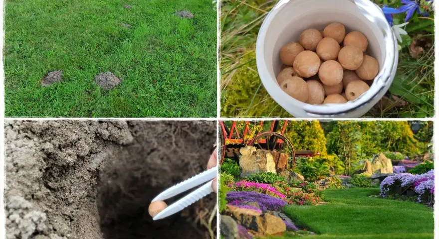 Domowe sposoby na krety: kopce na trawniku, pojemnik z kulkami, wkładanie kulki do nory, piękny ogród.