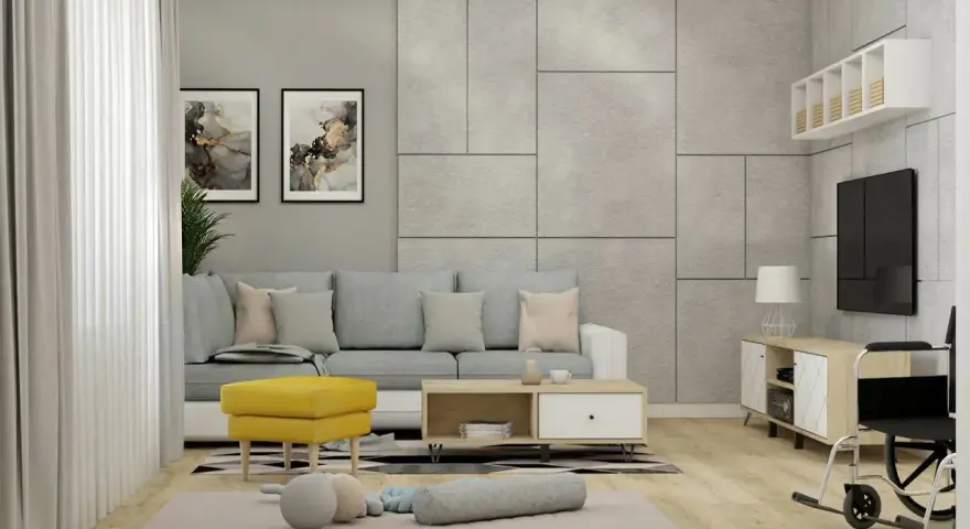 Jak ożywić szary salon? Dodaj żółty fotel i kolorowe obrazy. Wygodna sofa i dywanik tworzą przytulną przestrzeń.
