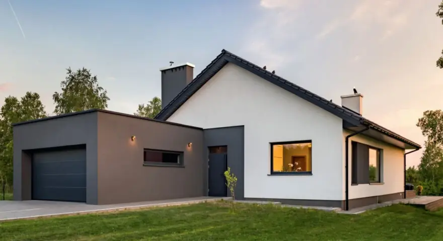 Nowoczesny dom z garażem, biały tynk i grafitowe detale. Tynk mozaikowy inspiracje dla Twojego domu.