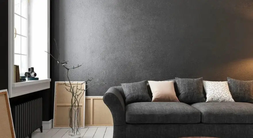 Nowoczesny salon z wygodną kanapą i **czarnymi ścianami**, które nadają mu elegancji. W tle widać okno i dzieła sztuki.
