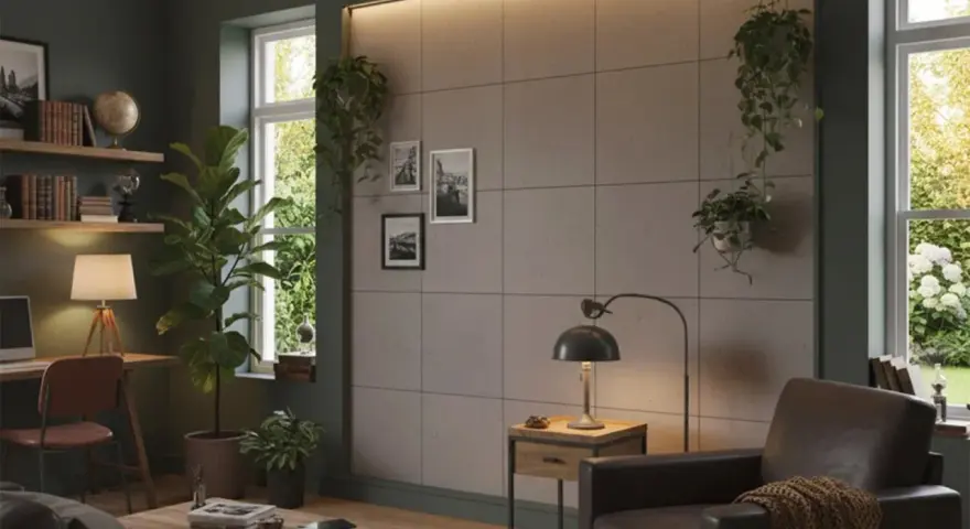 Nowoczesny salon z betonową ścianą, wiszącymi roślinami i wygodnym fotelem.