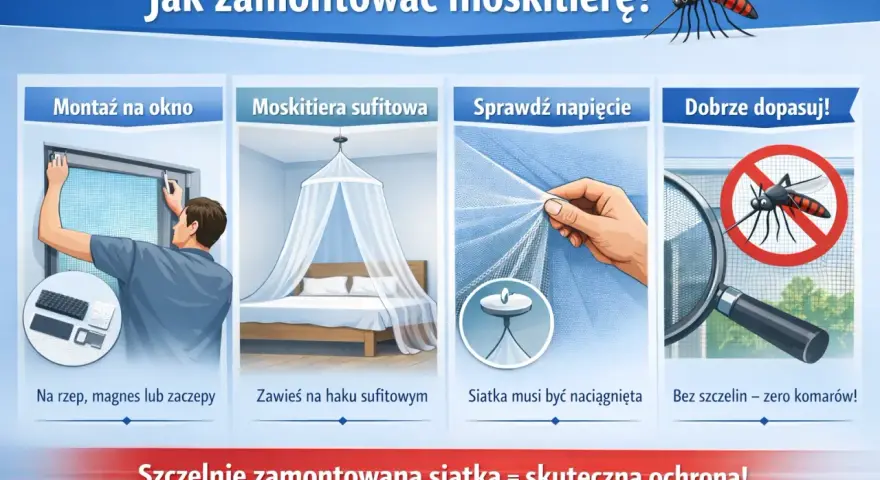 Instrukcja montażu moskitiery okiennej: na rzep, magnes lub zaczepy. Zawieś moskitierę sufitową na haku. Siatka musi być naciągnięta. Bez szczelin, zero komarów!