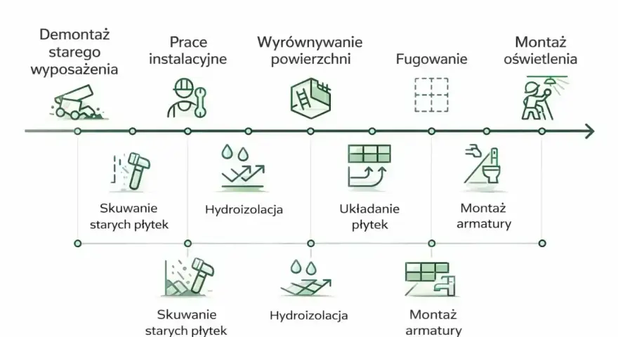 Etapy remontu starego domu: demontaż, instalacje, wyrównanie, fugowanie, montaż armatury i oświetlenia.