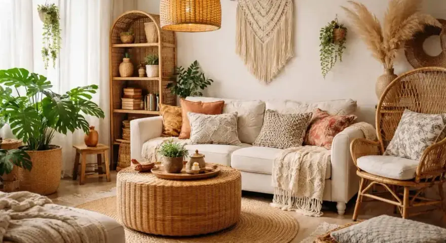 Przytulny salon w stylu boho. Dominują naturalne materiały i ciepłe kolory boho, takie jak rattan, juta i len. Dużo roślinności i makramy.
